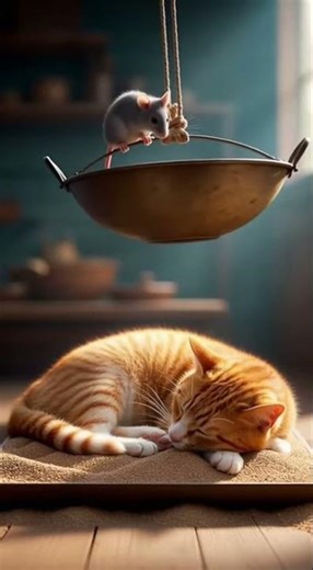 LOL! Mouse uses string and pan—cat has no chance to catch it #funny #catvideo #mouse