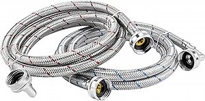 4FT Washing Machine Hoses with 90 Degree Elbow-Premium Stainless Steel Burst Proof Water Supply Lines for Hot and Cold Water Connection Inlet Supply Lines (2 Pack,Red and Blue Stripes)