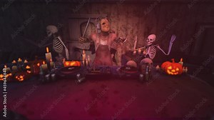 Seamless animation of butcher psycho killer djing with turntables in a haunted house. Funny party with dancing skeletons and disco lights Halloween background.