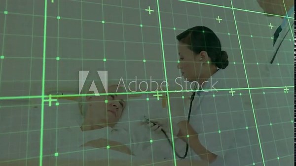 Female doctor taking stethoscope and listening to patient heartbeat for heart exam with grid lines