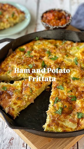 ✨Ham and Potato Frittata✨ INGREDIENTS 3 medium-sized potatoes, skin on and boiled 6 eggs ½ cup milk 1 Tbsp chopped parsley 1 spring onion, finely chopped ½ tsp salt ¼ tsp white pepper 100g grated cheese 100g ham, chopped 1 Tbsp butter INSTRUCTIONS 1. Preheat the oven to 200°C fan grill. 2. Chop the cooked potatoes into bite sized pieces. 3. Whisk together the eggs, milk, parsley, spring onion, salt and pepper. Add the cheese and ham then mix to combine. 4. Place a large oven-proof frying pan on 