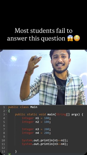 Dinesh Kaarthik on Instagram: "Most students fail to answer this coding question😳😱 Java == vs equals, java interview coding questions, java interview questions, java tricky questions, java for beginners, java concepts explained, java coding mistakes, java confusion concepts #java #codingquestions #interviewquestions #javatrickyquestion #codingreels"