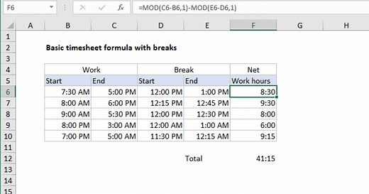 Basic timesheet formula with breaks