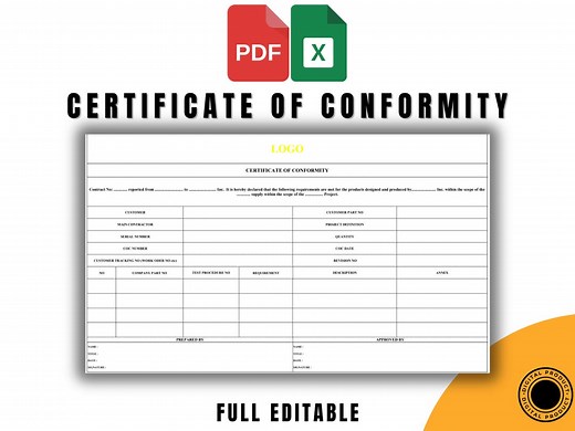 Certificate of Conformity Template, Excel and PDF Formats, ISO 9001 Compliant Form, Editable Coc Document, Business Compliance Tool - Etsy