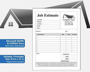 Job Estimate Template, Printable Job Estimate Template PDF, Editable WORD Construction Bid, Painting, Electrical, Tile, Home Remodeling - Etsy