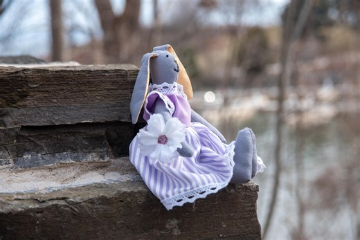 Handmade Decorative Bunny – Soft Fabric Rabbit in Lilac Dress, Home Decor Accent