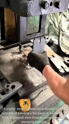 The process of press forming a metal bracket on a hydraulic machine