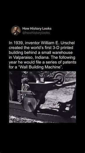 History Facts & Stories on Instagram: "In 1939, inventor William E. Urschel created the world’s first 3 D printed building behind a small warehouse in Valparaiso, Indiana. The experimental structure was produced using a custom built mechanical system that continuously extruded layers of concrete to form walls directly on site, reducing the need for traditional formwork and manual labor. The following year he would file a series of patents for a Wall Building Machine, describing a method for auto