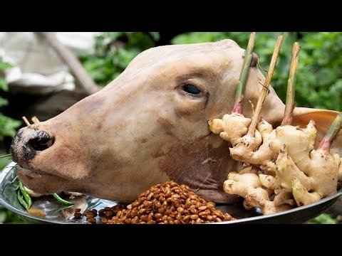 Cooking Magic Cow head recipe and soup and eating in African village