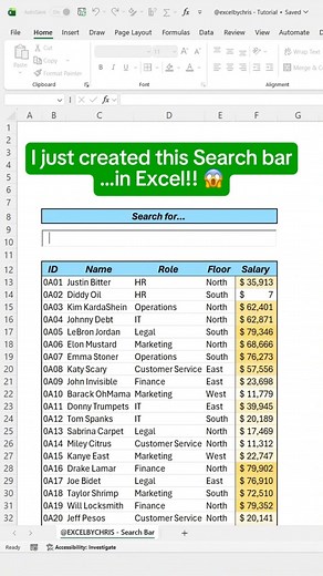 Search bar in Excel In this tutorial you’ll learn how to create a dynamic search bar in Excel #excel #spreadsheets #exceltips #exceltricks #workhacks #accounting #corporate | LEARN MORE