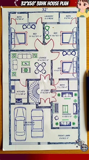 32×58 House Plan (1856 sq.ft) | Beautiful Hand-Drawn 3BHK Modern Home Layout