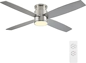 WINGBO 44 Inch Flush Mount DC Ceiling Fan with Lights and Remote, 4 Reversible Blades, Ultra Quiet 6-Speed DC Motor, Hugger Low Profile Indoor Ceiling Fan, Brushed Nickel Finish