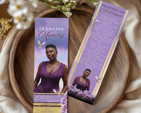 Editable Purple Memorial Bookmark Template | Funeral Invitation and Keepsake Digital Download - Etsy