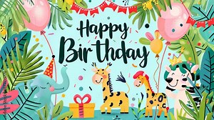 Animated kids happy birthday card text with animals, celebratory, party video card, birthday greetings, events poster, birthday celebration.