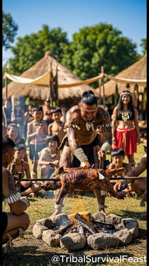 Epic Tribal Feast: Roasting a Giant Pig Over Open Fire! 🍖🔥 #shorts