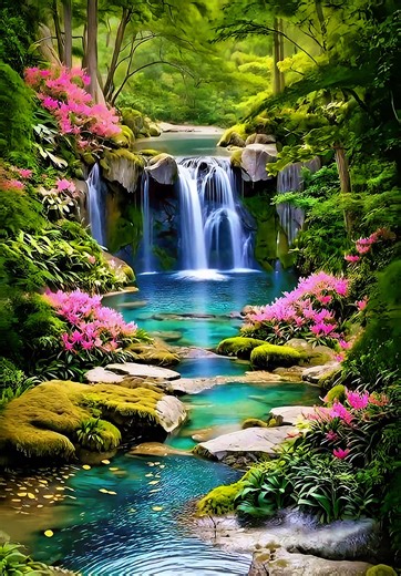 4K Live Wallpaper | Emerald Valley Waterfalls & Cherry Blossom Lagoon 🌴🌺💦✨ 💠 Emerald valley waterfalls cascade into crystal pools — a tranquil paradise glowing with soft jade and turquoise light. Cherry blossom lagoon blooms in radiant pink and white, its petals drifting gently across shimmering emerald water. Moss-covered stones rise beneath cascading streams, their surfaces glowing under a peaceful forest haze. Delicate blossoms frame the flowing falls with vibrant color, as sunlight dance
