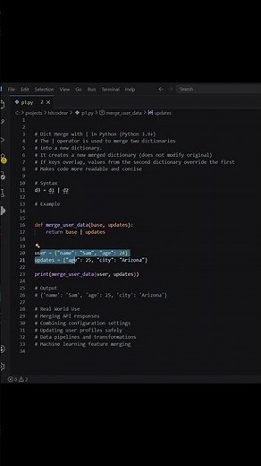 Python Dict Merge in 30s 🔥 | Replace .update() with | (Python 3.9+) #coding #hitcodear #programming
