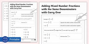 Adding Mixed Number Fractions with the Same Denominators with Carry Over Activity Sheet