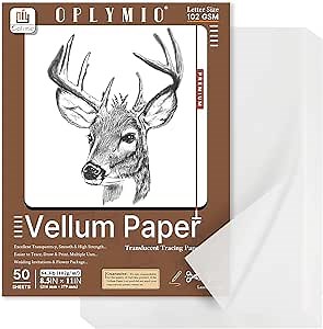 Translucent Vellum Paper, Oplymio 50 Sheets 102GSM Printable Vellum Paper, Transparent Paper for Card Inserts, Invitations, Envelope, Belly Bands, Tracing(8.5 x 11 Inches)