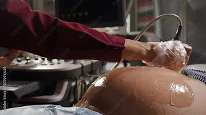 Obstetric Ultrasound scans. Ultrasound investigation of pregnant woman. Pregnancy and Healthcare concept. Doctor doing 3d ultrasound on belly. Process of fetus ultrasonography. 4 k video