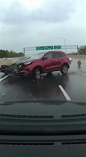 Crazy chain reaction crash, this rain is no joke! #crash #highway #america #fyp
