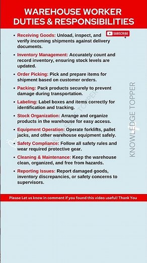 Warehouse Worker Job Roles and Responsibilities | Warehouseman Duties and Responsibilities