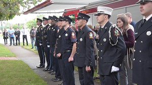 Niagara Falls Remembers: The city's first responders gathered at the Niagara Falls Fire Department's Memorial Park Tuesday morning outside the Royal Avenue fire hall for a ceremony marking the 17th anniversary of the 9-11 terrorist attacks on the United States. (James Neiss) | Niagara Gazette