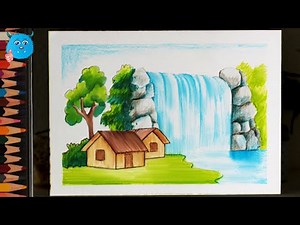 How to Draw Nature Scenery of Waterfall Drawing for Beginners Very Easy with Color Pencils