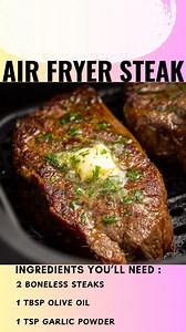 Air Fryer Steak Juicy, tender, and perfectly seared — this Air Fryer Steak is your new go-to for a quick and flavorful dinner with zero mess! No grill? No problem! Prep Time: 10 minutes Cook Time: 10-12 minutes Servings: 2 Ingredients: 2 boneless steaks (ribeye or sirloin, about 1 inch thick) 1 tbsp olive oil 1 tsp garlic powder 1 tsp onion powder 1/2 tsp crushed black pepper 1/2 tsp sea salt (adjust to taste) 1/2 tsp smoked paprika 1 tbsp butter (for topping) Fresh chopped parsley (for garnish)