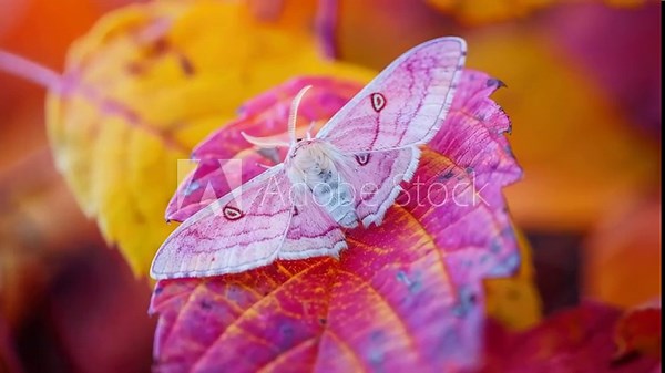Pink moth with eye spots on autumn leaves