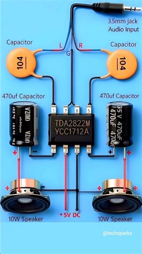 TDA2822M Stereo Audio Amplifier Circuit Diagram | DIY 5V Speaker Amplifier Tutorial