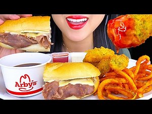 ASMR EATING FRENCH DIP SANDWICH, CURLY FRIES & JALAPEÑO POPPERS ARBY'S MUKBANG 먹방 ASMR Phan