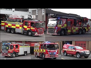 Fire engines, ladder trucks and a support unit responding on a day in Scotland