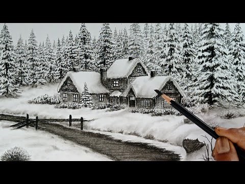 Winter season snowfall landscape drawing easy ways// Winter nature scenery drawing easy ways//