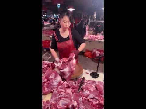 POV Female Butcher Cutting Pork — Real-Time Chinese Meat Market Skills