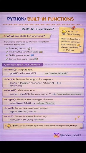 code_with_mahesh on Instagram: "🐍 Python Built-in Functions — Your Coding Superpowers 💡 Python gives you powerful built-in functions so you don’t have to reinvent the wheel 🔥 📌 In this post you’ll learn: ✔ print() – display output ✔ len() – find length ✔ input() – take user input ✔ type() – check data type ✔ int() & str() – type conversion Save this post 📌 and follow @coder_boat2 for daily Python learning 🚀 #python #builtinfunctions #pythonlearning #learnpython"