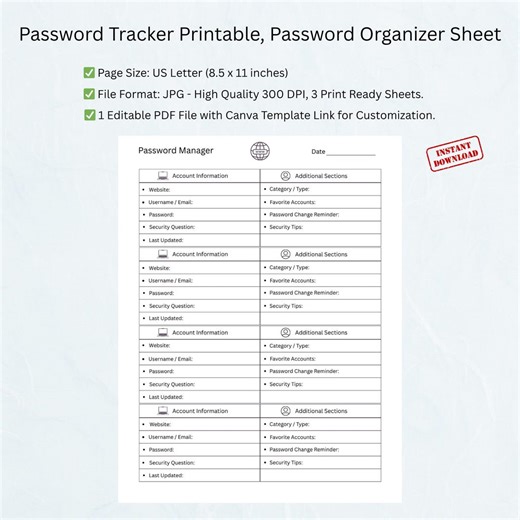 Password Tracker Printable | Login Organizer | Web Account Manager Sheet - Etsy