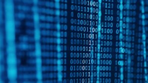 Download Abstract blue digital data stream with binary code and numbers flowing on a dark screen, representing technology. for free