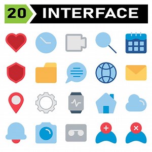 Download User interface icon set include love, heart, favorite, like, user interface, clock, time, hour, stopwatch, movie, film, video, play, multimedia, find, search, zoom, calendar, date, schedule, shield for free