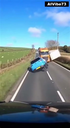 Dashcam Captures Semi-Truck Roll Over After Blue Car's Reckless Overtaking