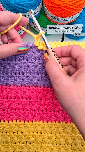Naztazia on Instagram: "For crochet patterns like the star stitch, sometimes a simple border can help finish the work. In this sample, the crochet braided edging tutorial by Naztazia is used in a matching yarn as the last row. #crochet #knittinginspiration #artist #braids #star #yarn #tutorial #howto #diy #naztazia #reels"