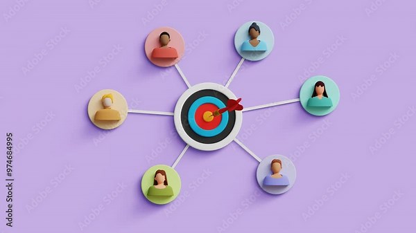 Target audience, customer segment analysis, marketing and advertising. 3D target attracting audience. 4K 3D loop animation