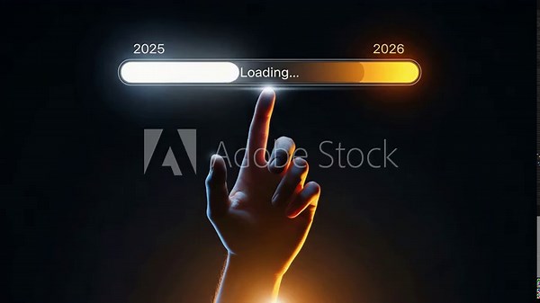 Hand touching loading bar transition from 2025 to 2026 motion animated video.