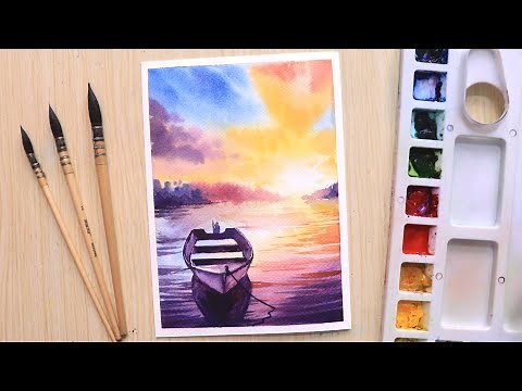 Watercolor painting of beautiful seascape with boat easy for beginners