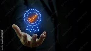 Businessman's hand showing the sign of the digital technology icon symbol with check mark insurance service, concept of quality control assurance, certification, and ISO highest service quality mark.