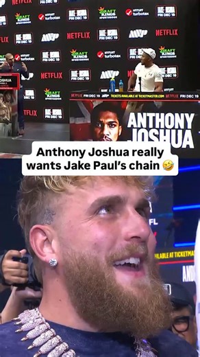 Last month, Anthony Joshua told Jake Paul he wants his chain, so they both decided to put their chains on the line. At their final presser, Anthony Joshua tried to take it from Jake 🤣 #JakeJoshua LIVE only on Netflix Friday December 19 8 PM ET | 5 PM PT #boxing #jakepaul #anthonyjoshua | NetflixSports