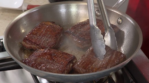 76K views · 1K reactions | Bridget and Julia make perfectly tender Pan-Seared Flank Steak with Mustard-Chive Butter. Pan-Seared Flank Steak Recipe: https://cooks.io/2RcBv56 | America's Test Kitchen | Facebook
