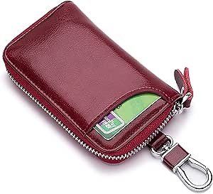 Key Case Genuine Leather Car Key Bag Key Pouch Men Portable Card Holder Keychain Wallet, with Keychain and Hook (Red)