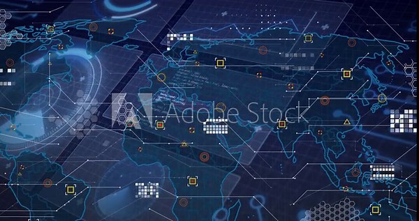 Dark grid plane loading, global map shifting with panels sliding, icons populating, showing data