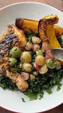 HEALTHY Lemon Herb Roast Chicken with Kale & California Grape Vinaigrette